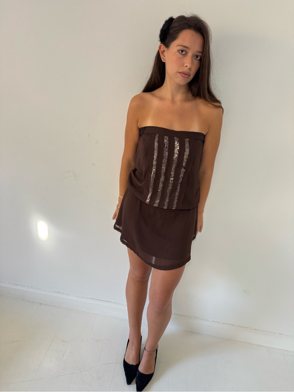Morgan de Toi Brown Strapless Sequin-Detail Mini Dress